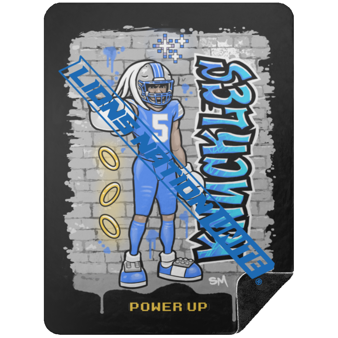 Detroit Knuckles Power Up Blue Jersey Black Sherpa Blanket - 60x80