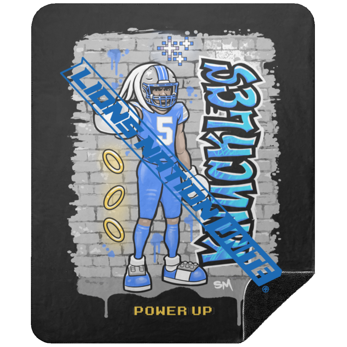 Detroit Knuckles Power Up Blue Jersey Black Sherpa Blanket - 50x60